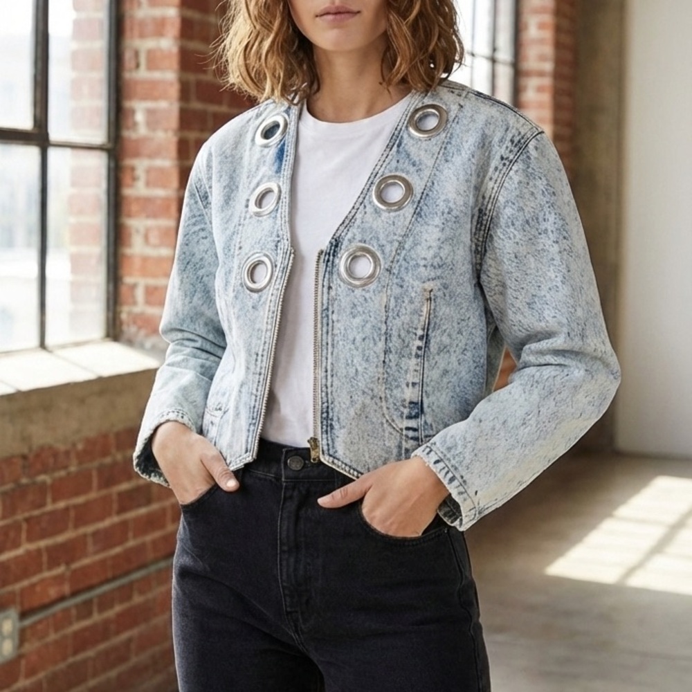 Trendy Light Blue Denim Jacket with Grommet Details